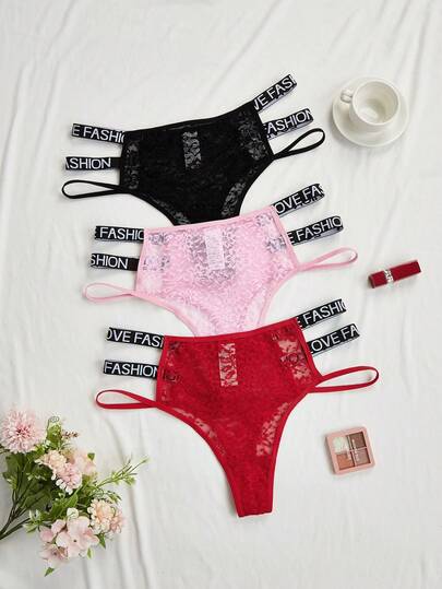 Snug Zone 3件套大码性感字母印花镂空蕾丝内裤