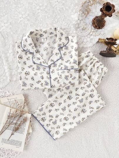 Skolflickpyjamas, sött körsbärsmönster med långa byxor och långärmat, avslappnat set med 2 delar loungewear