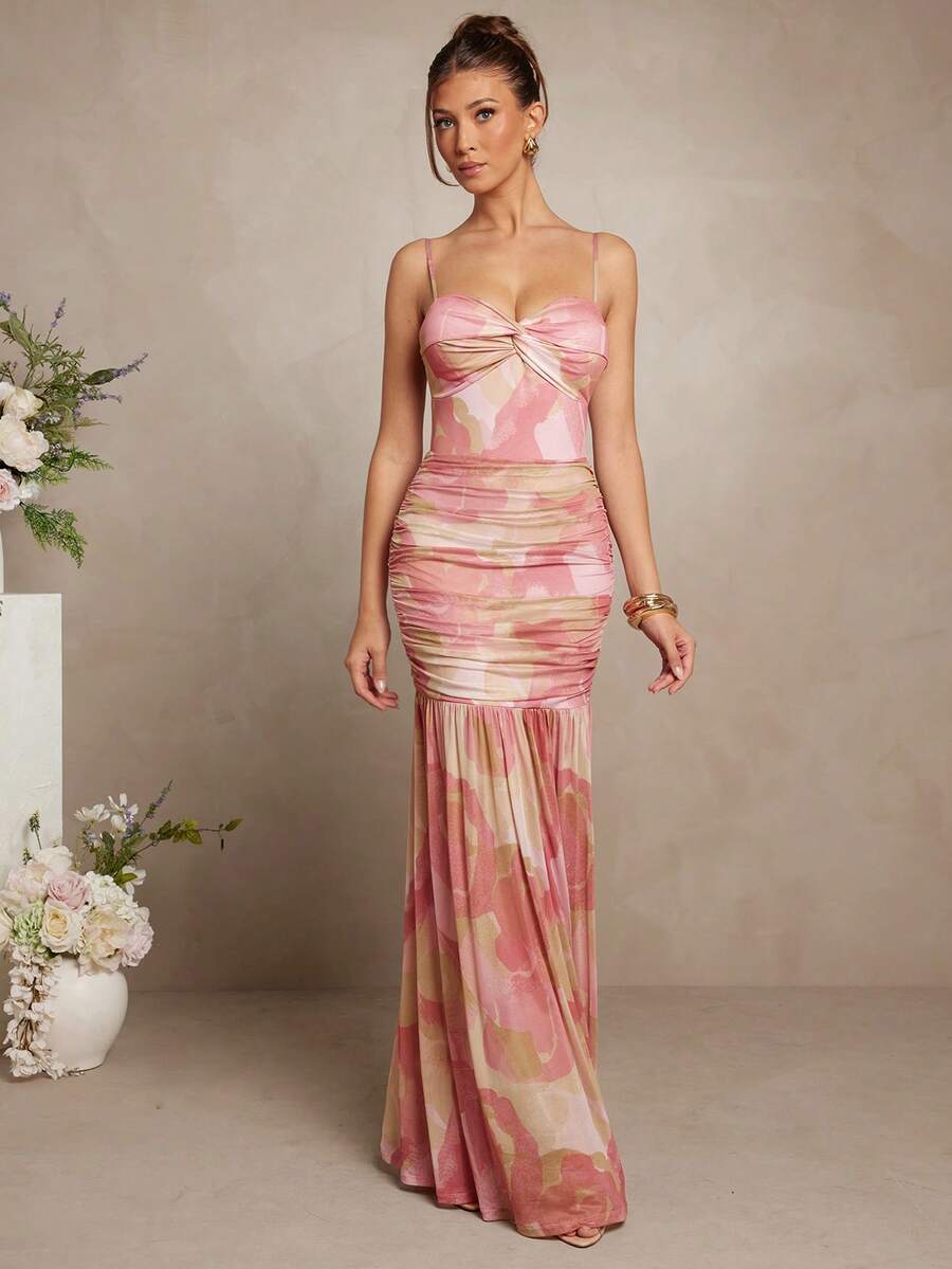 Váy Maxi Dài Đi Nghỉ Dài Tay Họa Tiết Pastel Thanh Lịch Không Tay Lưới Xoắn Phía Trước Xếp Ly Của L'Amorae - Hồng - Xem 1