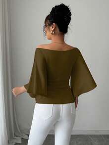 Elenzga Áo len dệt kim cổ thuyền tay loe ôm sát màu trơn dành cho nữ - Lạc đà - Xem 2