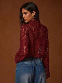 Glamine Women's Solid Color Stand Collar Knit Hollow Out Long Sleeve Cropped Sheer Shirt With Embroidered Trim - Rose Red - View 2