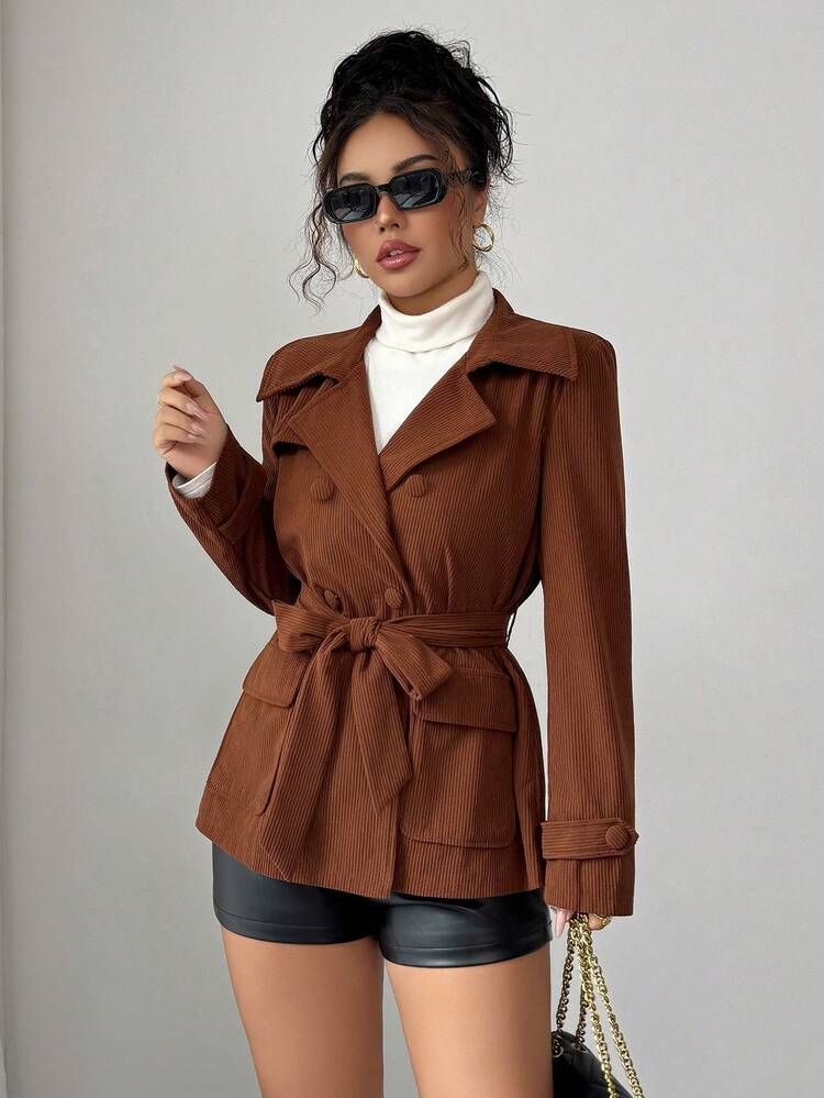 Elenzga Women's Corduroy Lapel Collar Cinched Waist Long Sleeve Pockets Trench Coat, Suitable For Office Wear, Autumn/Winter - Coffee Brown - View 5