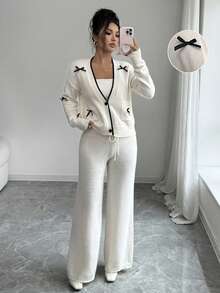 Elenzga New Women European And American Style Solid Color Elegant Versatile Minimalist Fashion Knit Sweater And Pants Set - Beige - View 1