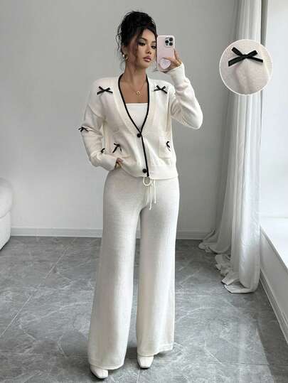 Elenzga 新款女式欧美风纯色优雅百搭简约时尚针织毛衣和裤子套装