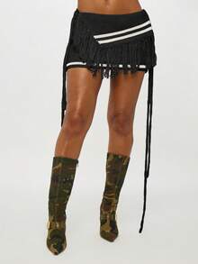 SUMWON WOMEN Knitted Asymmetric Fringe Varsity Mini Skirt With Number Print And Side Ties - Black - View 1