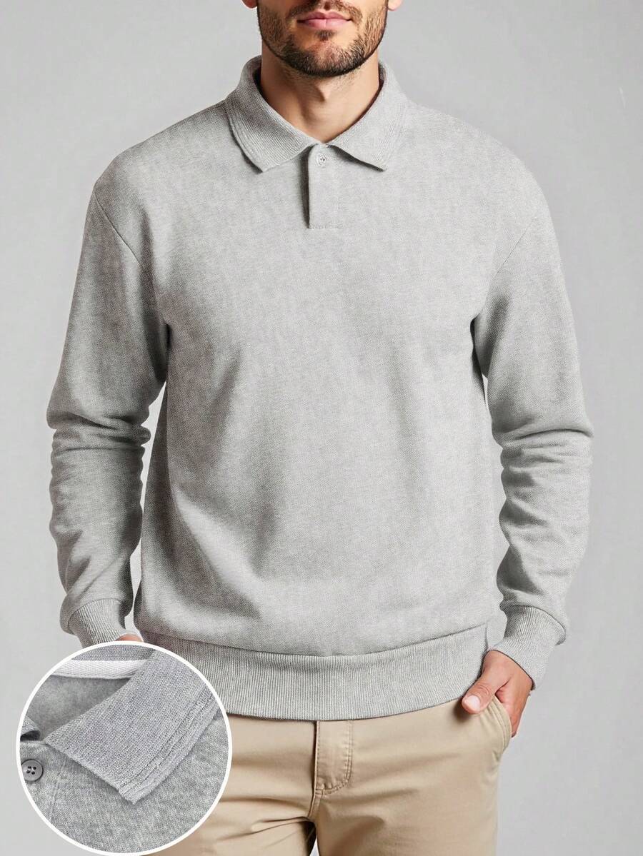 Airaco 男士休闲 Polo 领长袖卫衣，秋季款 - 灰色 - 查看 1