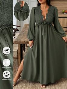 SHEIN PETITE CURVE 大码女式休闲纯色蕾丝拼接长袖超长开衩连衣裙 - 軍綠色 - 查看 1