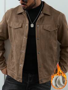Manfinity Homme 男士保暖内衬休闲单排扣保暖夹克，秋冬短款男士夹克，棕色衬衫式夹克，男士大地色系秋季系列 - 棕色 - 查看 2
