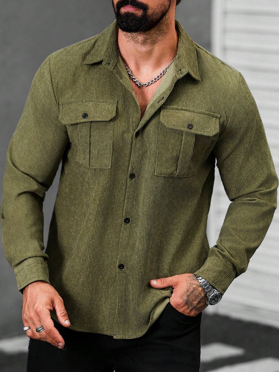 Manfinity CasualCool 男士街头风灯芯绒纽扣衬衫，长袖上衣 - 軍綠色 - 查看 1