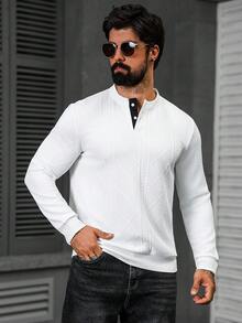 Manfinity CasualCool Men's Autumn Button Design Textured Geometric Pattern Pullover Sweatshirt