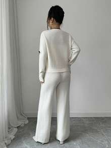 Elenzga New Women European And American Style Solid Color Elegant Versatile Minimalist Fashion Knit Sweater And Pants Set - Beige - View 2