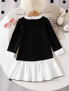 Elladie kids 女童黑白拼接仿珍珠纽扣装饰白色荷叶边蝴蝶结连衣裙，适合圣诞节、派对、日常穿着。秋冬季 - 黑色 - 查看 2