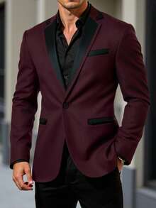 Manfinity Mode Men's Elegant Single-Button Suit Blazer Jacket, Burgundy Contrast Black Design, Visually Striking With Layered Styling, Suitable For Commuting, Business, Parties And Banquets. This Suit Jacket Is An Indispensable Versatile Item In A Man's Wardrobe, Making It A Great Gift For A Boyfriend Or Husband, For Christmas