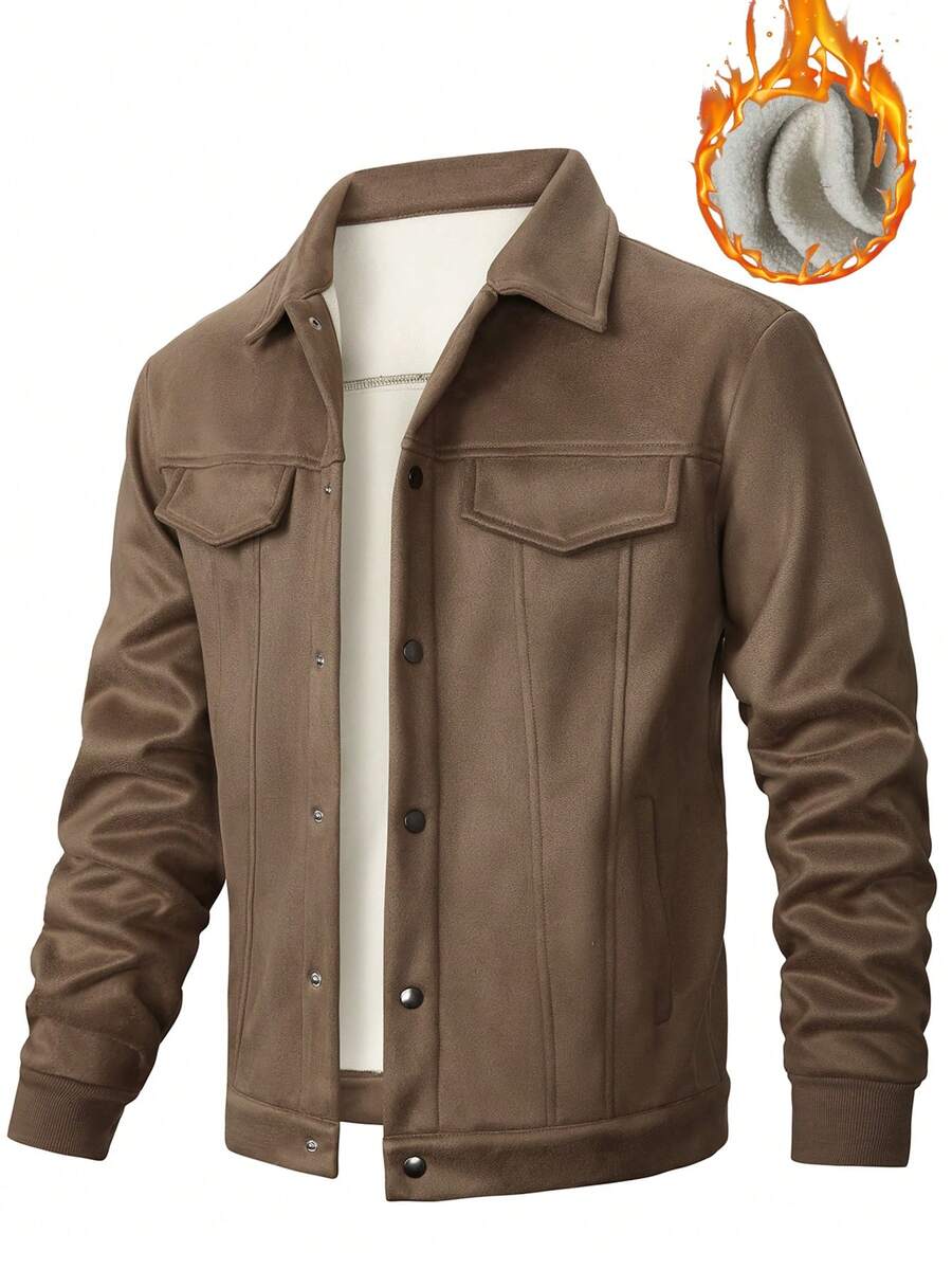 Manfinity Homme 男士保暖内衬休闲单排扣保暖夹克，秋冬短款男士夹克，棕色衬衫式夹克，男士大地色系秋季系列 - 棕色 - 查看 1