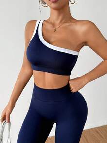 Dewbera 无缝单肩瑜伽吊带背心提臀高弹力女士运动套装 - 藏蓝色 - 查看 4