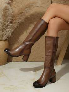 Botas altas para mujer estilo minimalista cremallera lateral material PU sin estampado corte holgado punta redonda sin mangas otoño invierno oficina casual - Marrón - Ver 1
