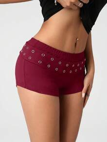 SHEIN ICON Quần short đen rách cạp siêu thấp gợi cảm dạo phố - Màu Đỏ Sâu - Xem 4