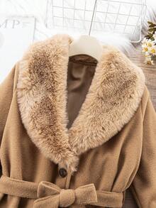 SHEIN Elladie kids 女童大衣，配腰带和人造毛领，保暖又时尚，适合冬季穿着