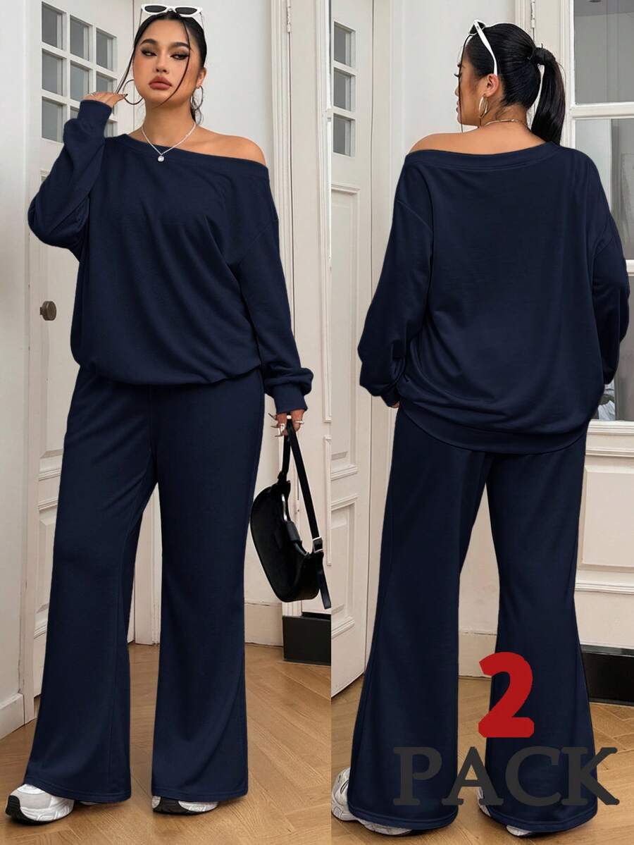 Solflare Plus Size Women Navy Blue Asymmetrical Shoulder Top & Pants 2 Pieces Set