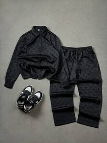 Manfinity EMRG 男士休闲长袖衬衫长裤套装，秋季服装 - 黑色 - 查看 1