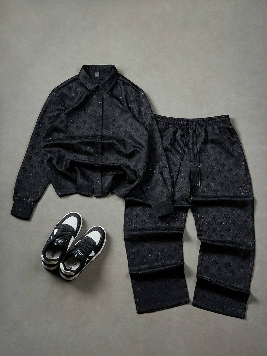 Manfinity EMRG 男士休闲长袖衬衫长裤套装，秋季服装 - 黑色 - 查看 1