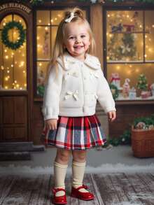 SHEIN 2pcs Baby Girl Winter White Fluffy Long Sleeve Top + Red Plaid Skirt Set Baby Girl Plaid Skirt Fall - Beige - View 7
