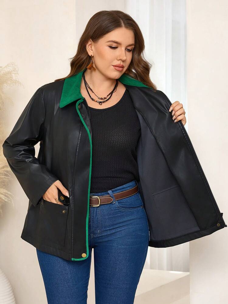 Plus Size Women's Autumn Color Block Lapel Long Sleeve PU Leather Casual Loose Black Jacket  Women's Winter Coat  New Year Look Maija Fall Winter 2025 Fall/Winter Party Elegant Dress Women