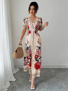 Elenzga 女式夏季优雅梭织印花束腰荷叶边连衣裙 - 彩色 - 查看 4