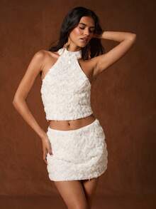 Glamine Women's Autumn/Winter Sparkling Elegant Halter Backless Sexy 2 Pieces Set - White - View 4