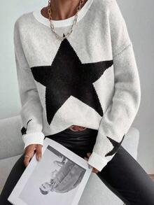 EMERY ROSE Casual Colorblock Star Pattern Drop Shoulder Sweater, Autumn/Winter Knit Pullover Fall