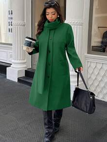 Calvaya Plus Size Solid Color Fashionable Elegant Mid-Length Women Overcoat - Dark Green - View 5