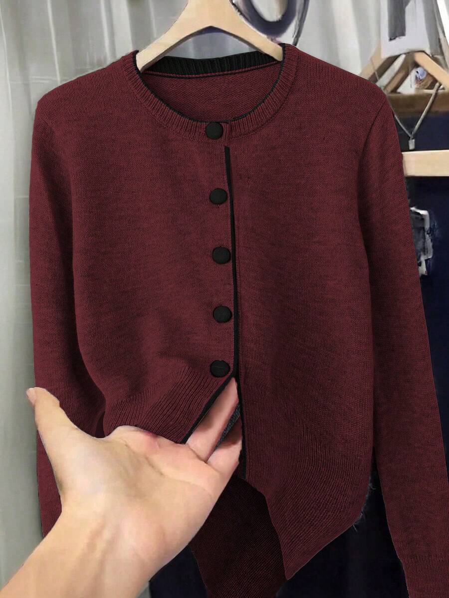 SHEIN Franclia Fashionable Blogger-Inspired Colorblock Loose Fit Crew Neck Sweater Jacket, European & American Style - Burgundy - View 1