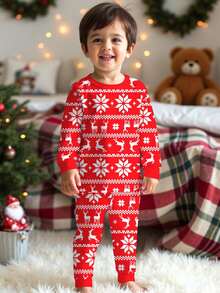 SHEIN 小男孩经典圣诞图案印花紧身圆领长袖上衣和裤子睡衣套装，饰有圣诞雪花和驯鹿图案，适合秋冬季和圣诞节 - 彩色 - 查看 1