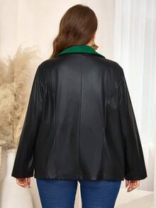 EMERY ROSE Chaqueta casual suelta de piel de imitación con bloque de color, cuello vuelto y manga larga para mujer talla grande en otoño