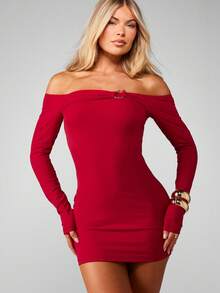 MISSGUIDED Off Shoulder Bodycon Mini Dress With Long Sleeves And Ring Detail For Party Evening Christmas