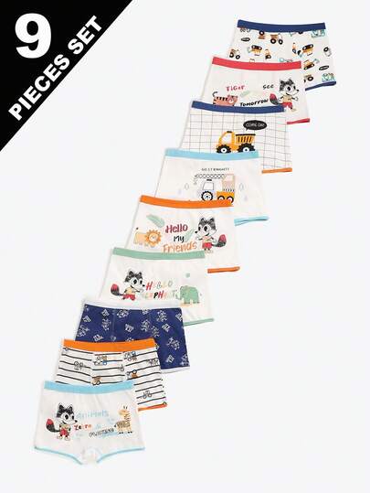 Set de 9 calzoncillos tipo bóxer cómodos y de moda con estampado de autos de dibujos animados para niños