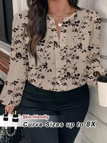 SHEIN CURVE+ Camisa casual de manga larga con cuello en V y estampado floral en toda la prenda, talla grande - Camel - Ver 7