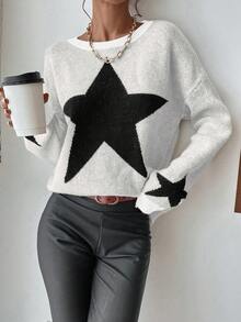 EMERY ROSE Casual Colorblock Star Pattern Drop Shoulder Sweater, Autumn/Winter Knit Pullover Fall
