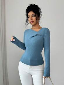 SHEIN Elenzya Elegant Hazy Blue Asymmetric Collar Long Sleeve Knit Sweater, Fashionable Everyday Versatile Women Pullover, Autumn/Winter