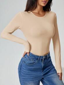 SHEIN PETITE Solid Long Sleeve Slim Fit White T-Shirt Bodysuit
