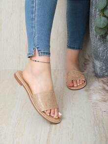 Sandalia plana con brillos, sandalia cómoda mujer, sandalia elegante verano, sandalia fresca casual, sandalia con detalle brillante. - Beis - Ver 2