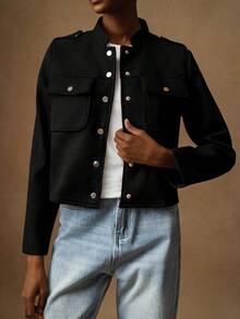 Vesra Chaqueta corta casual de mujer con cuello alto, mangas largas y bolsillos reales