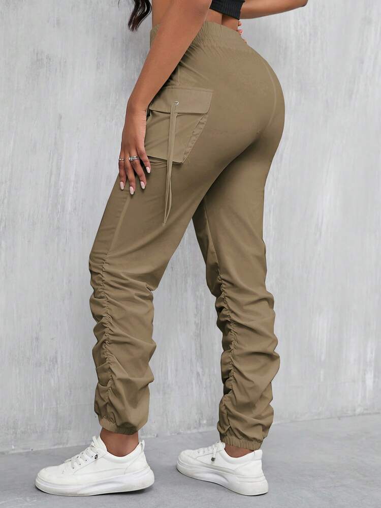 Zolique Women's Solid Color High Waist 3D Pocket Harem Pants - Khaki - View 6