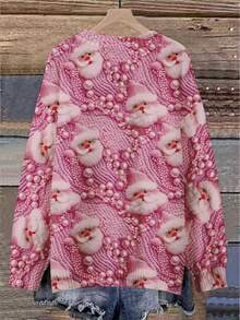 EMERY ROSE 2025 Pull de Noël pour femmes grandes tailles, Top tricoté avec impression 3D du Père Noël en perles roses - Framboise - Voir 2
