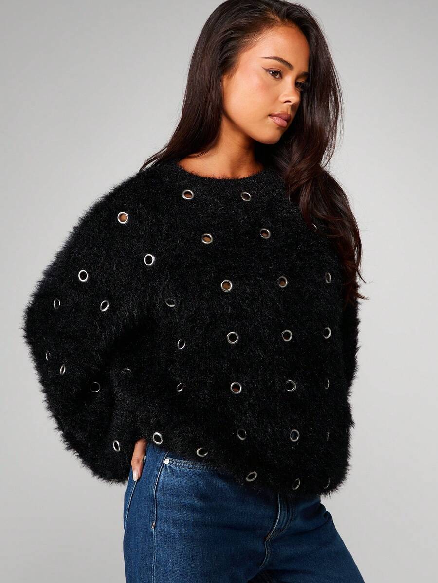 MISSGUIDED Oversized Knitted Jumper With Metal Eyelet Details Long Sleeve Crew Neck Sweater Winter Fall - Black - View 1