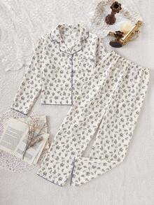 School Girl Pajamas, Tween Girl Cute Cherry Print Long Pants And Long Sleeve Casual 2 Pieces Loungewear Set - Apricot - View 5