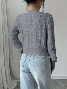 SHEIN LUNE 女式 V 领长袖扭纹休闲短款毛衣，秋冬 - 灰色 - 查看 2
