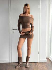 EgrlEra 1 Conjunto de Top de Hombros y Mini Falda, Conjunto Sexy de Dos Piezas - Marrón - Ver 3