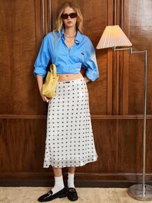 SHEIN X Scot Louie Muvela Chân váy chấm bi đính sequin dáng lửng cạp thấp dành cho nữ, phong cách thanh lịch cổ điển phù hợp với môi trường công sở thành thị. - Đen và trắng - Xem 6