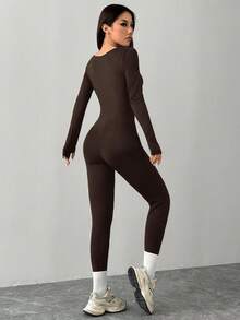SHEIN PETITE 黑色针织方领紧身休闲运动瑜伽连体裤运动服长袖连体裤高弹力连体裤紧身裤女棕色连体裤方领连体裤棕色连体衣女式连体裤 - 鏽棕色 - 查看 2